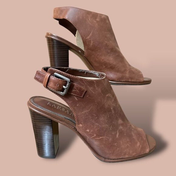 Vintage Lauren Ralph Lauren Odessa Brown Leather Peep-Toe Heeled Sandals Size 9M - Picture 2 of 12